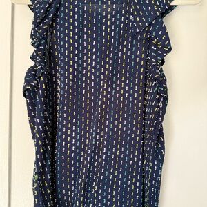LOFT Navy Patterned Ruffle Blouse